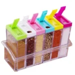 Crystal Spice Jar Dispenser Rack – 6-Piece Transparent Masala Box Set for Kitchen Storage (Multicolor)