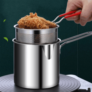 Heavy-duty stainless steel deep fryer pot with oil strainer for crispy home frying.